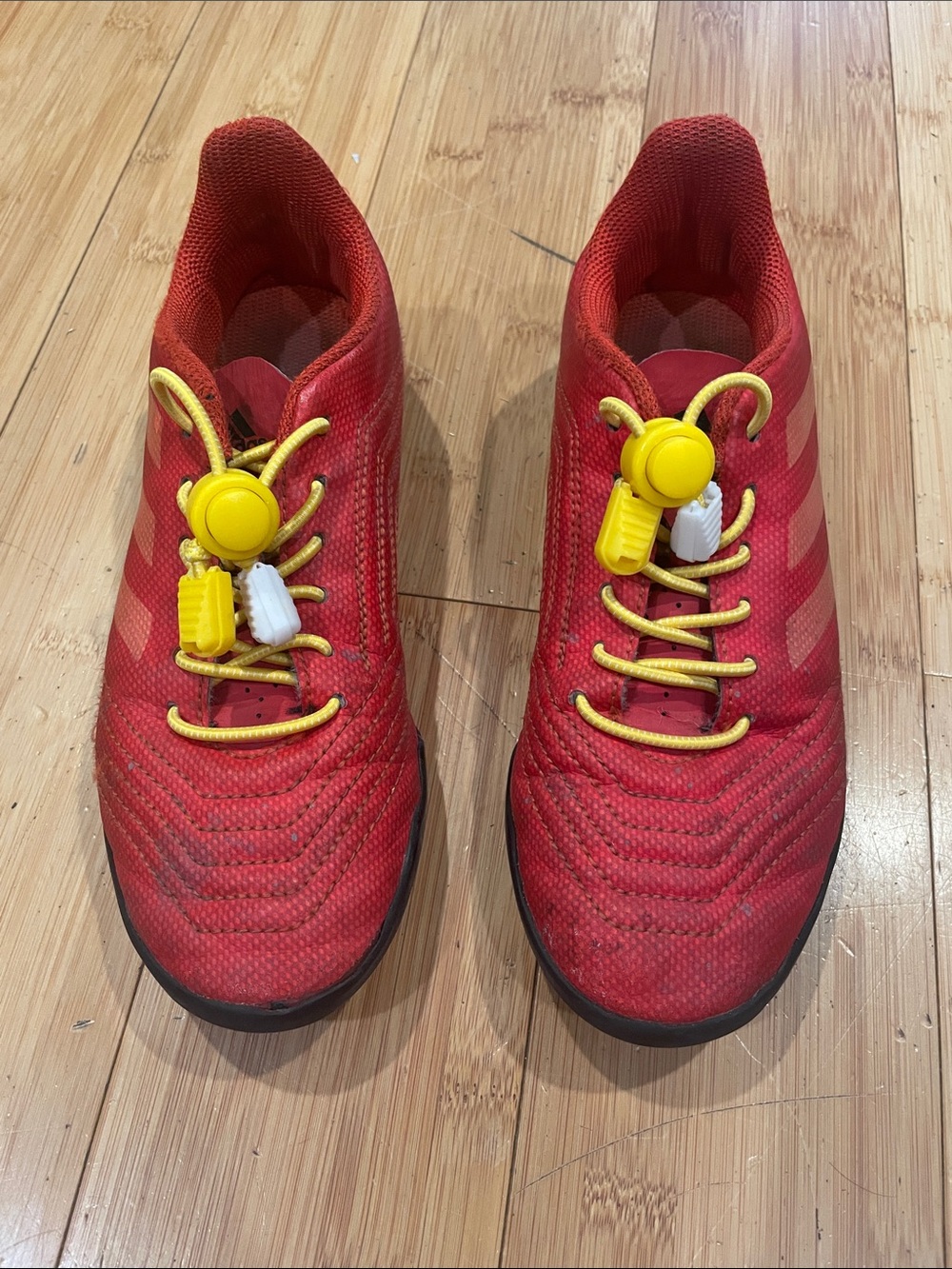 Kids red Adidas Predator Sneakers with Yellow Lace Toggles size 2.5